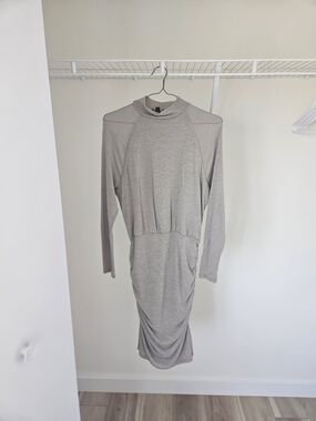 Express Taupe Long-Sleeve Ruched Midi Dress